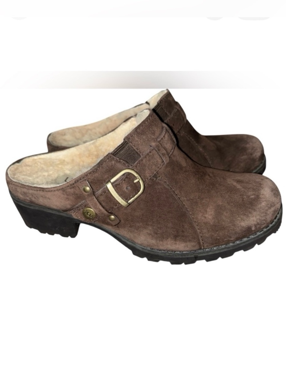 UGG Lila Brown Suede Leather Clog w Gold Buckle